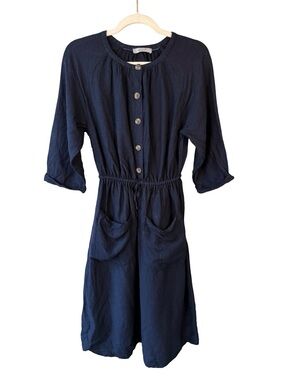 per una Navy Button-Front Midi Linen Dress with Drawstring Waist Size S or M